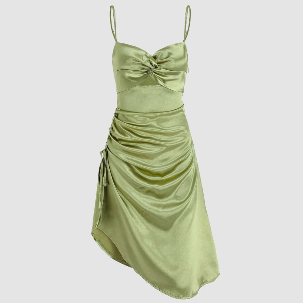 Cider Satin Twist Front Asymmetrical Slip Dress in Light Green